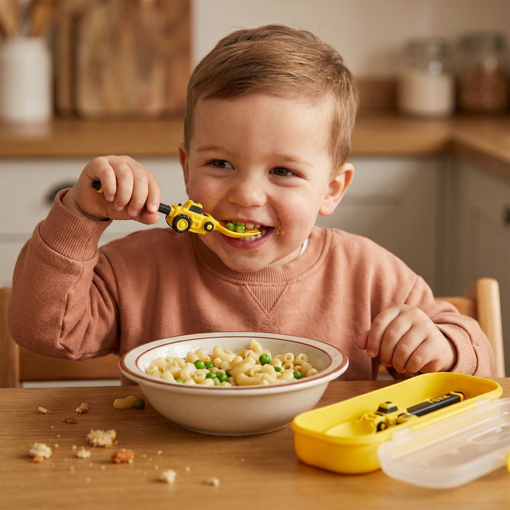 Set de Couverts pour Enfants 3 Pièces avec Design de Véhicules de Chantier, Cuillère, Fourchette et Étui de Voyage