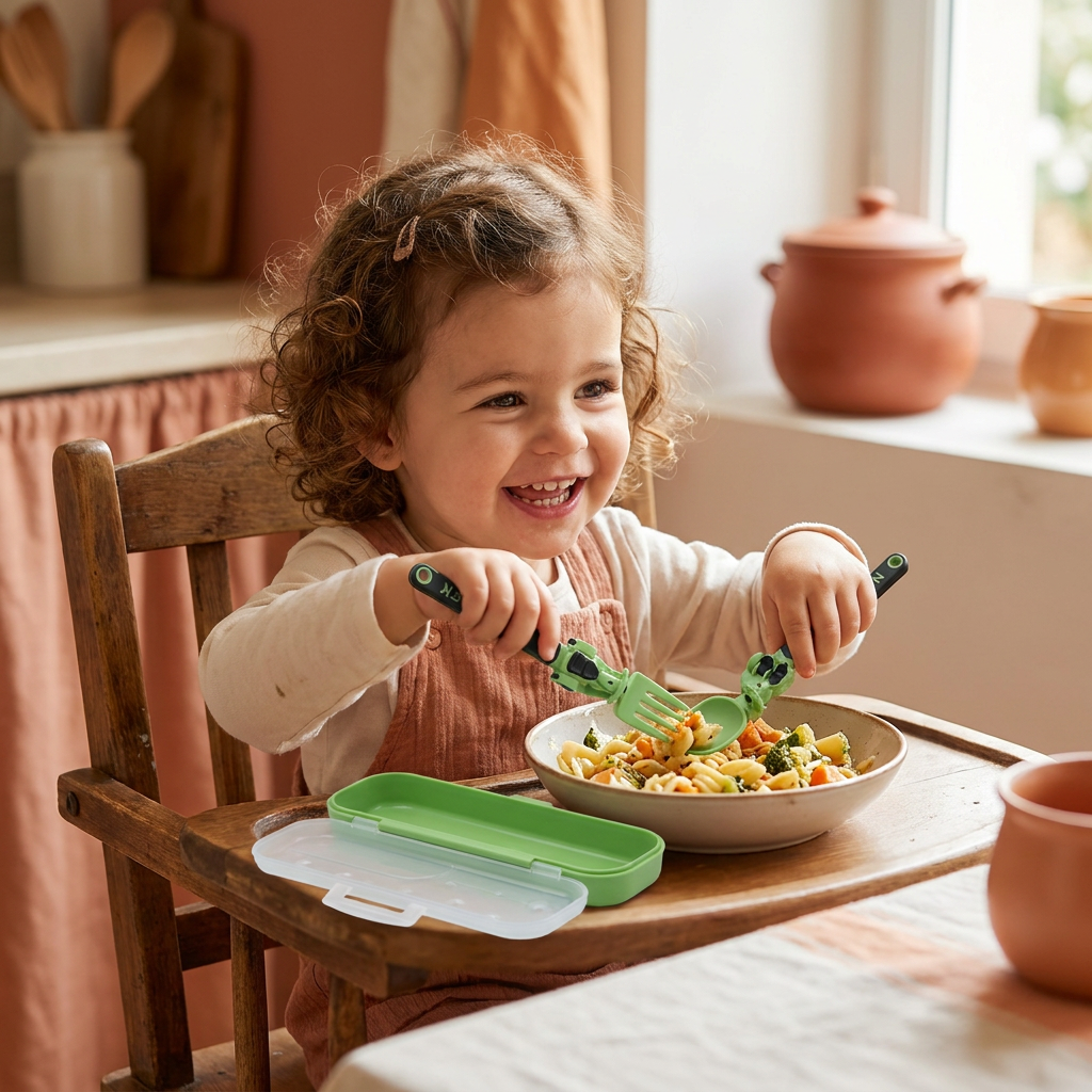 Set de Couverts pour Enfants 3 Pièces avec Design de Véhicules de Chantier, Cuillère, Fourchette et Étui de Voyage
