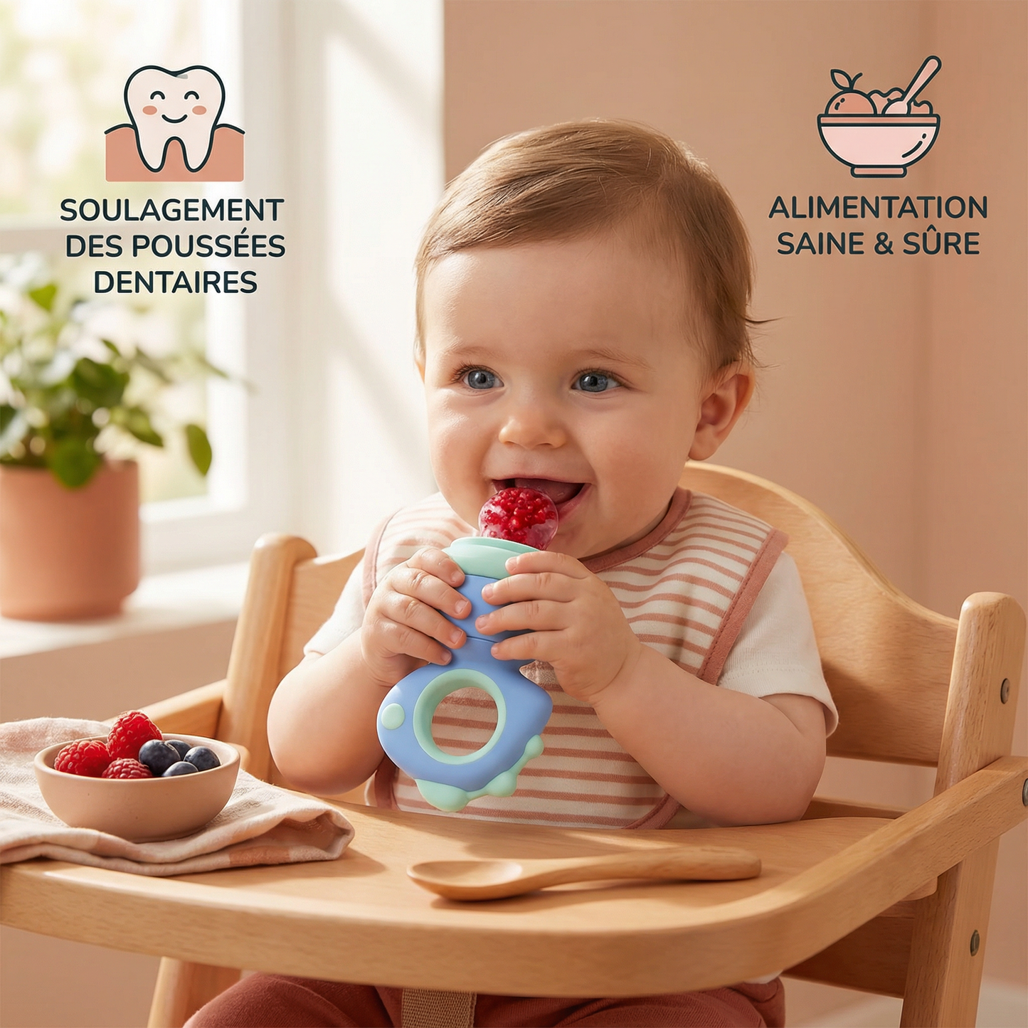 Sucette à fruits pour bébé – anneau de dentition en silicone avec mécanisme de pression