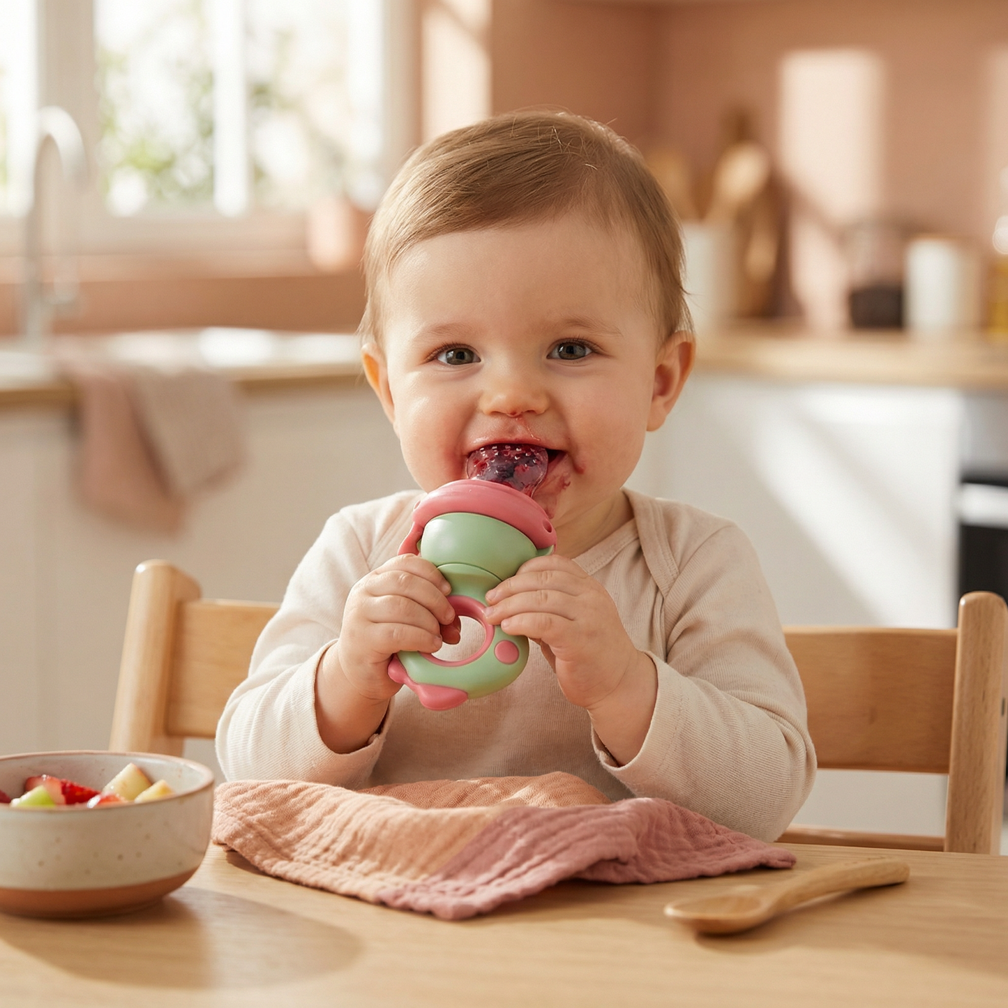 Sucette à fruits pour bébé – anneau de dentition en silicone avec mécanisme de pression