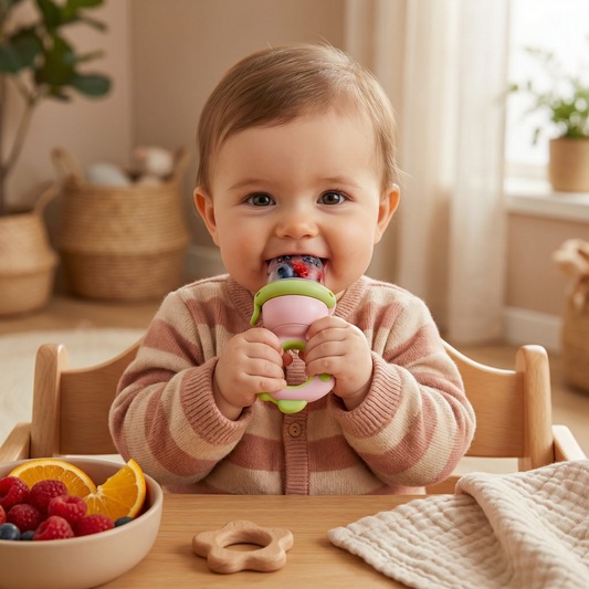 Sucette à fruits pour bébé – anneau de dentition en silicone avec mécanisme de pression