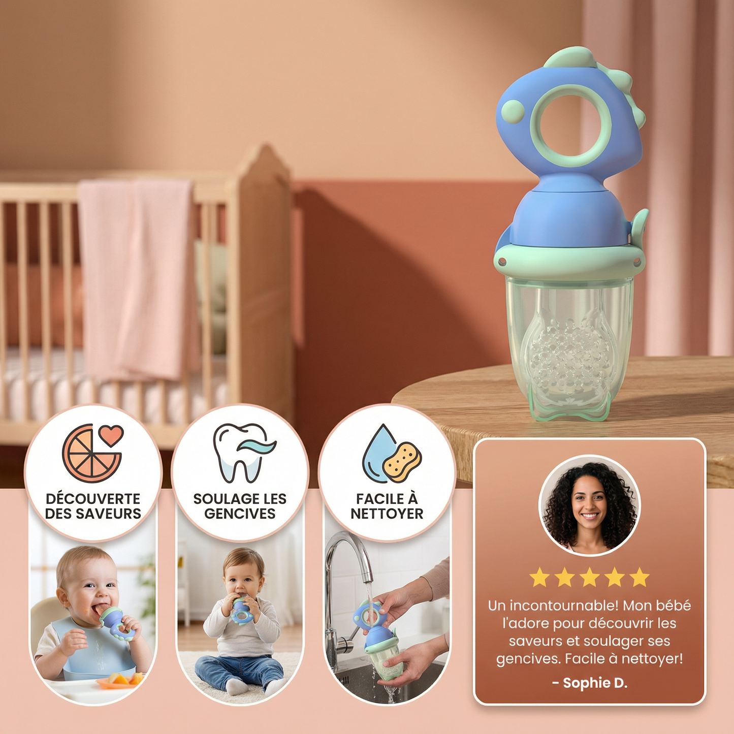 Sucette à fruits pour bébé – anneau de dentition en silicone avec mécanisme de pression