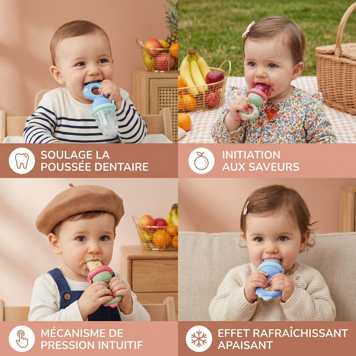 Sucette à fruits pour bébé – anneau de dentition en silicone avec mécanisme de pression