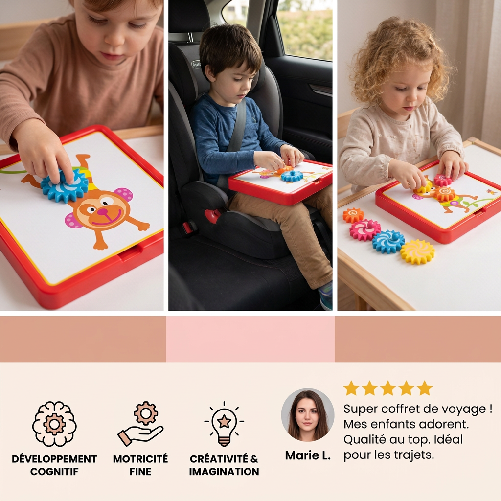 Coffret de Voyage Créatif avec Engrenages et Cartes d’Activités pour Enfants