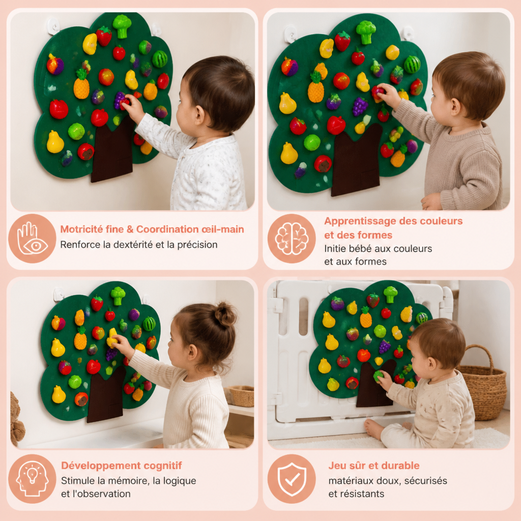 Panneau Sensoriel « Arbre Fruitier » en Feutrine – Jouet Éducatif Montessori