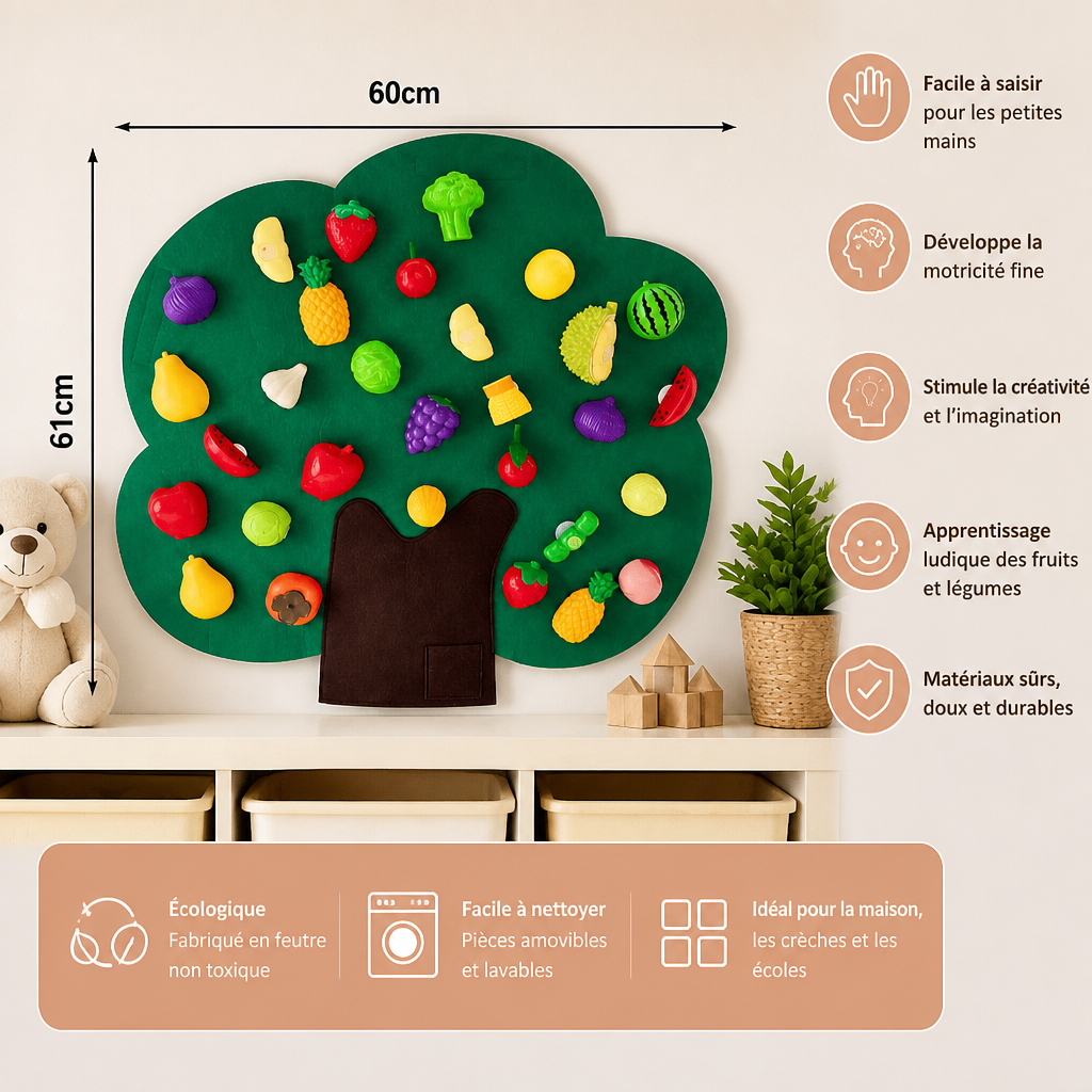 Panneau Sensoriel « Arbre Fruitier » en Feutrine – Jouet Éducatif Montessori
