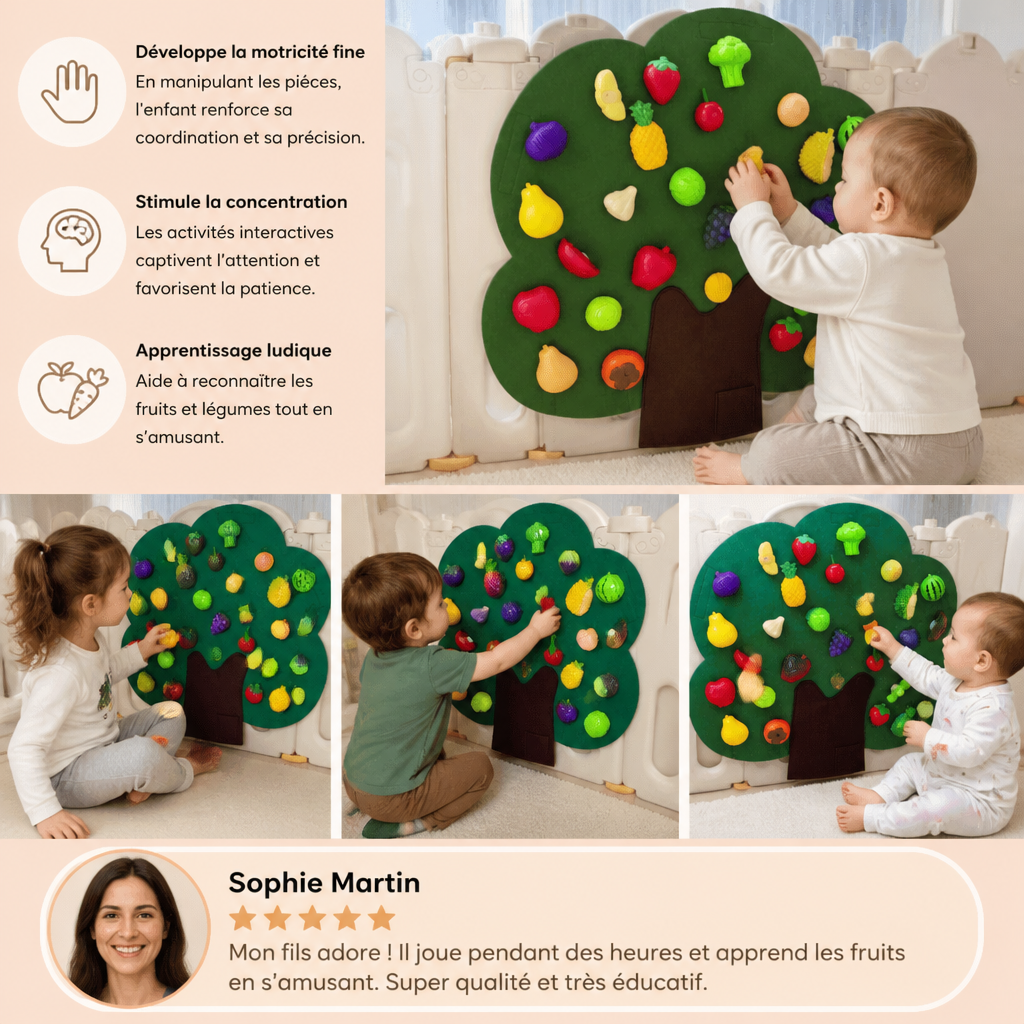 Panneau Sensoriel « Arbre Fruitier » en Feutrine – Jouet Éducatif Montessori