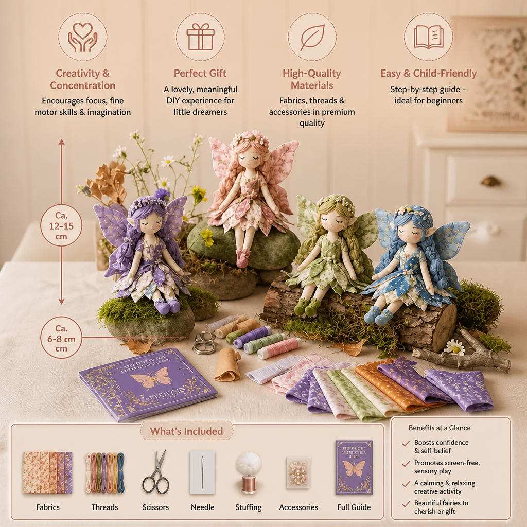 Kit de Couture DIY Fée pour Enfants – Créez de Charmantes Poupées Fées avec Tissu, Accessoires et Instructions