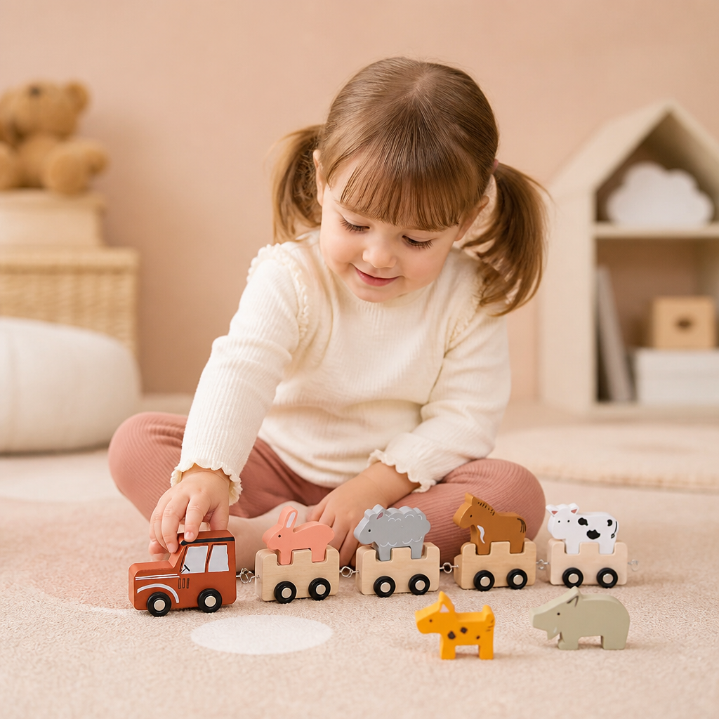 Train en bois avec animaux de la ferme – Jouet à roues flexibles pour enfants