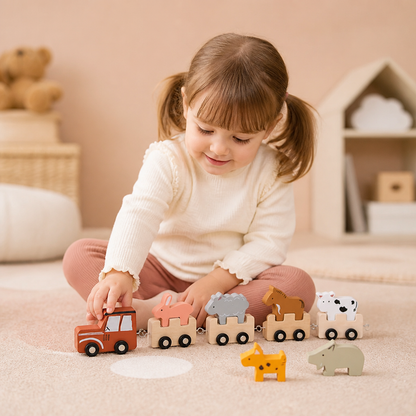 Train en bois avec animaux de la ferme – Jouet à roues flexibles pour enfants
