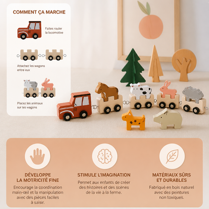 Train en bois avec animaux de la ferme – Jouet à roues flexibles pour enfants