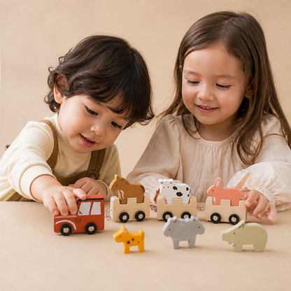 Train en bois avec animaux de la ferme – Jouet à roues flexibles pour enfants