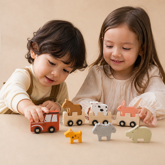 Train en bois avec animaux de la ferme – Jouet à roues flexibles pour enfants