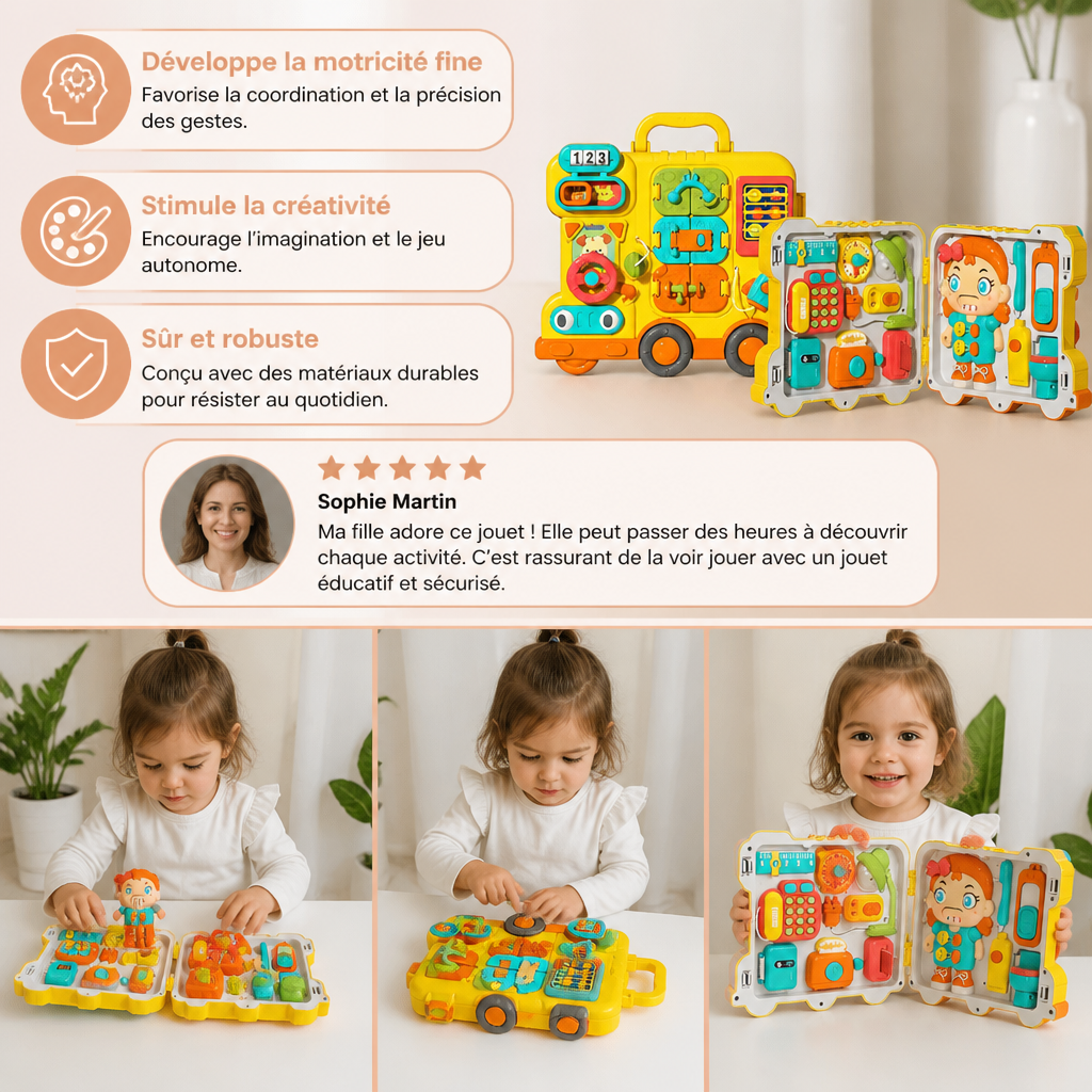 Busy Board Bus pour Enfants avec Activités et Poupée