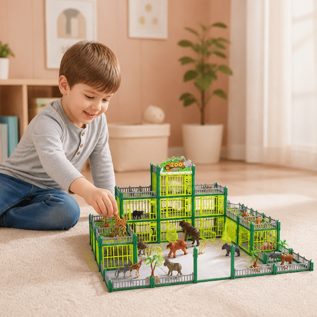 Set de Jeu Modulaire pour Construire Son Propre Zoo avec Figurines d’Animaux et Cages Interactives