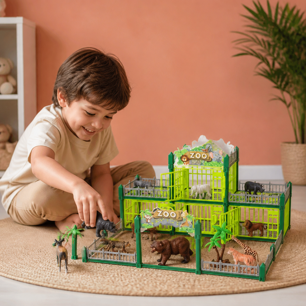 Set de Jeu Modulaire pour Construire Son Propre Zoo avec Figurines d’Animaux et Cages Interactives