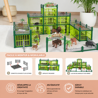 Set de Jeu Modulaire pour Construire Son Propre Zoo avec Figurines d’Animaux et Cages Interactives