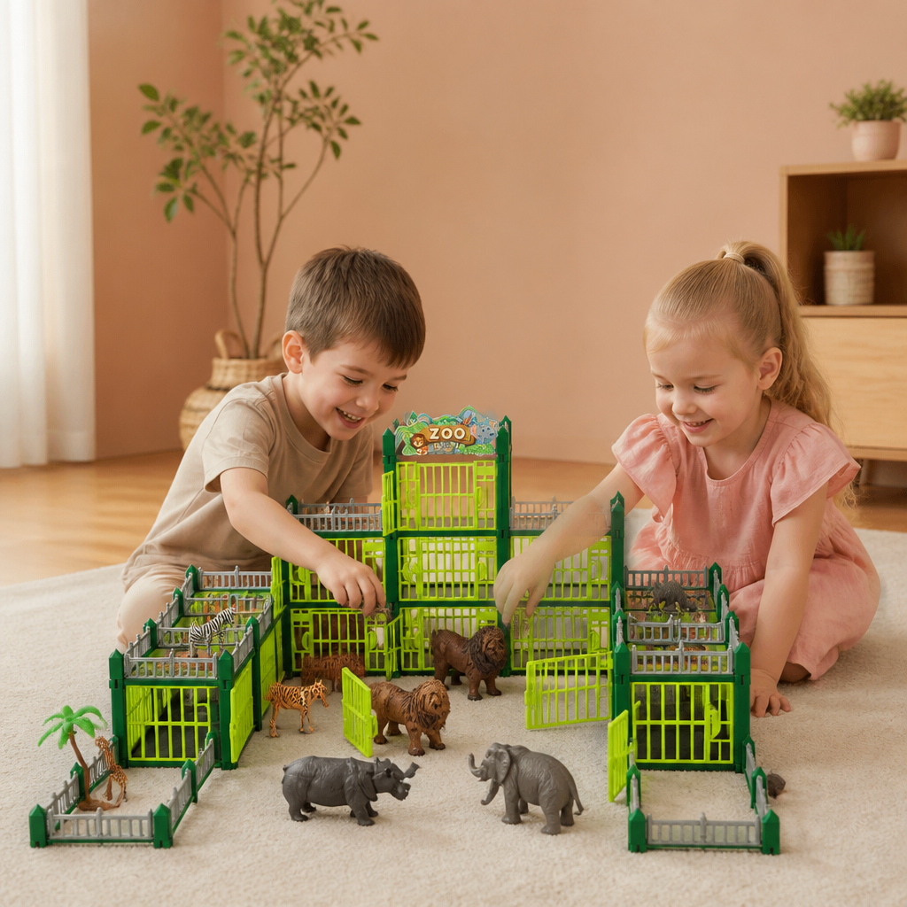 Set de Jeu Modulaire pour Construire Son Propre Zoo avec Figurines d’Animaux et Cages Interactives