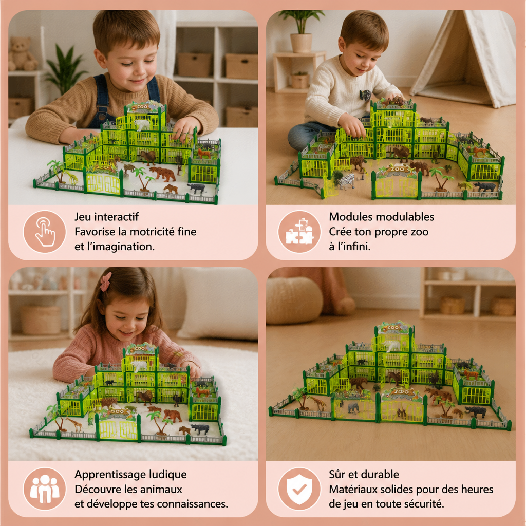 Set de Jeu Modulaire pour Construire Son Propre Zoo avec Figurines d’Animaux et Cages Interactives