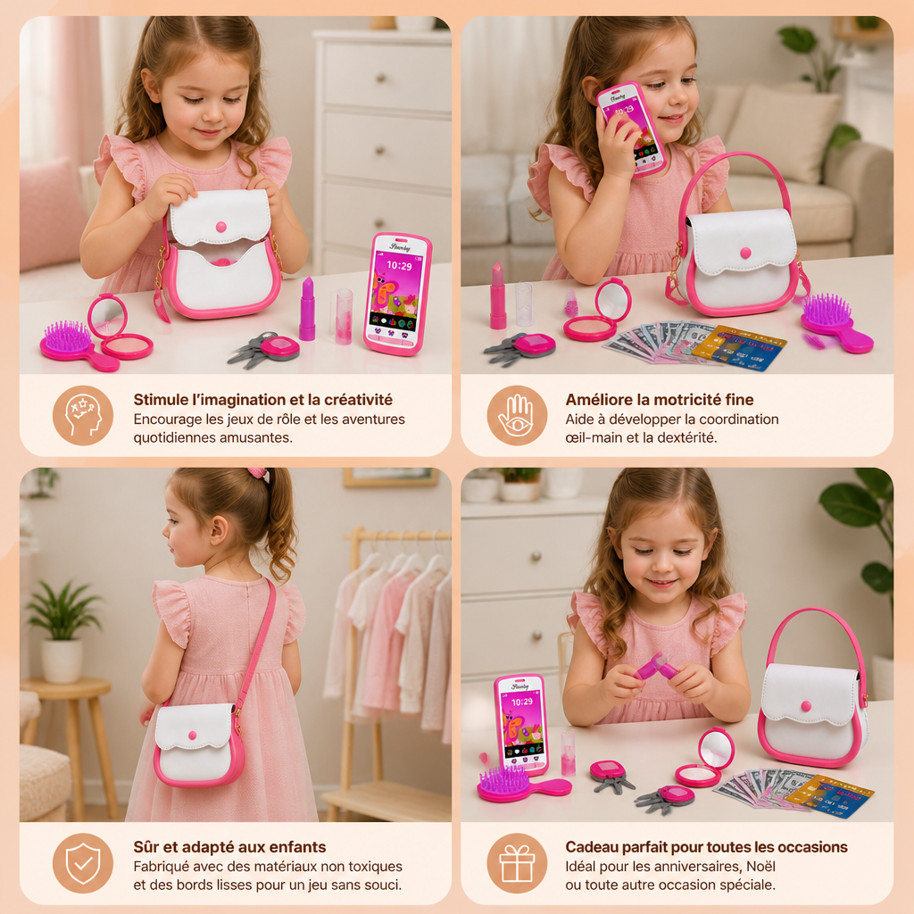 Set de Sac à Main pour Enfant avec Téléphone, Maquillage et Accessoires de Jeu de Rôle