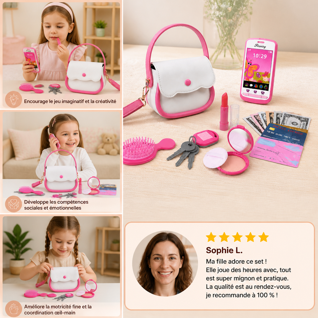 Set de Sac à Main pour Enfant avec Téléphone, Maquillage et Accessoires de Jeu de Rôle