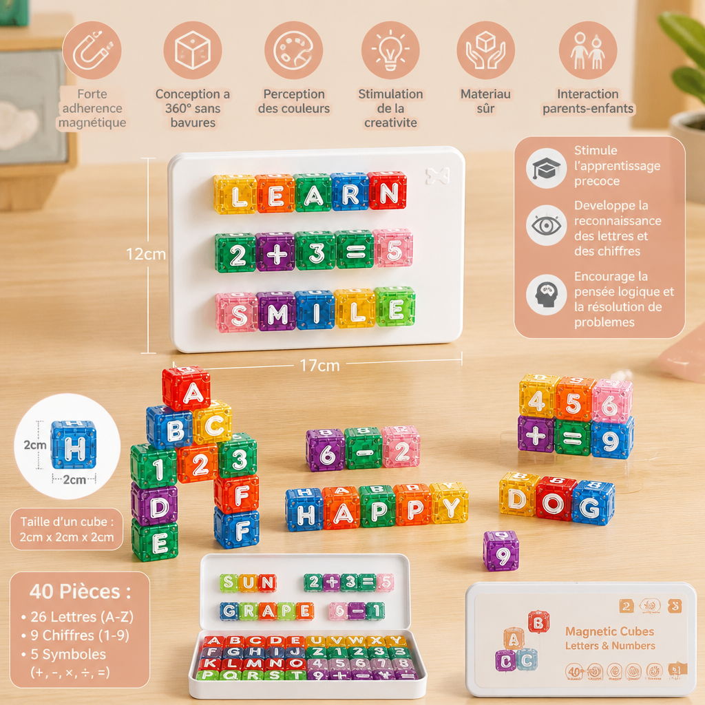 Set éducatif magnétique de 40 pièces avec lettres et chiffres – Jouet Montessori STEM pour enfants
