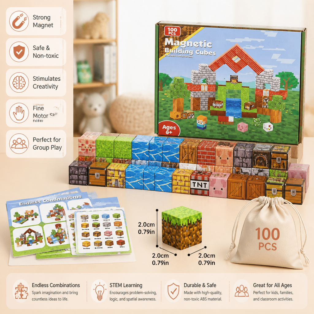 Set de 100 Cubes de Construction Magnétiques – Jouet de Construction Montessori STEM pour Enfants