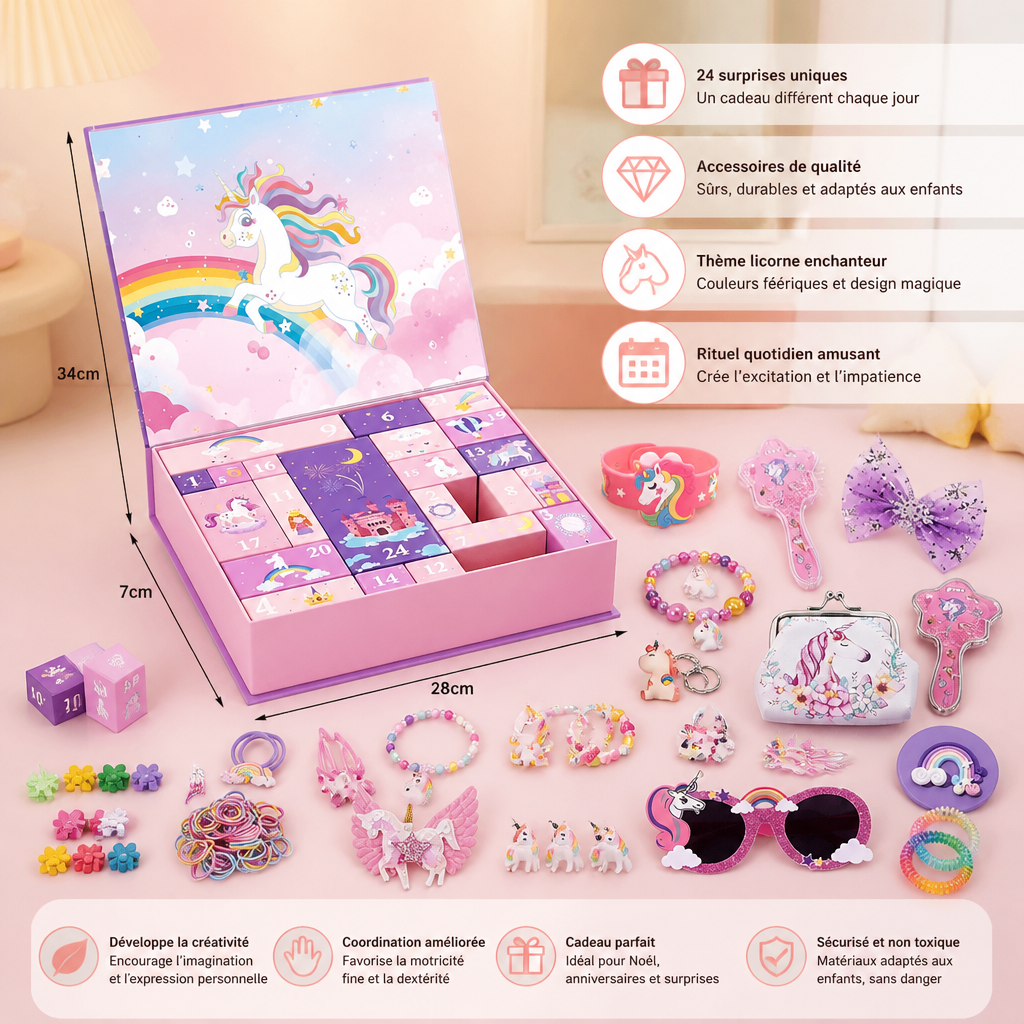 Calendrier de l’Avent Licorne de 24 Jours avec Accessoires pour Cheveux, Autocollants et Cadeaux Surprise