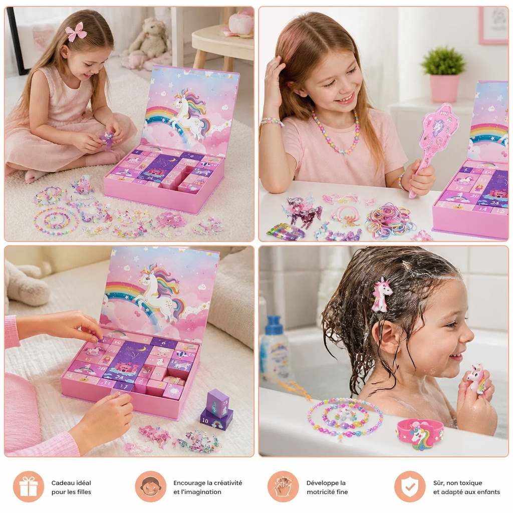 Calendrier de l’Avent Licorne de 24 Jours avec Accessoires pour Cheveux, Autocollants et Cadeaux Surprise