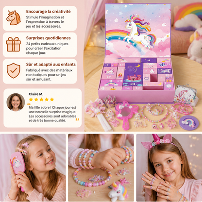 Calendrier de l’Avent Licorne de 24 Jours avec Accessoires pour Cheveux, Autocollants et Cadeaux Surprise