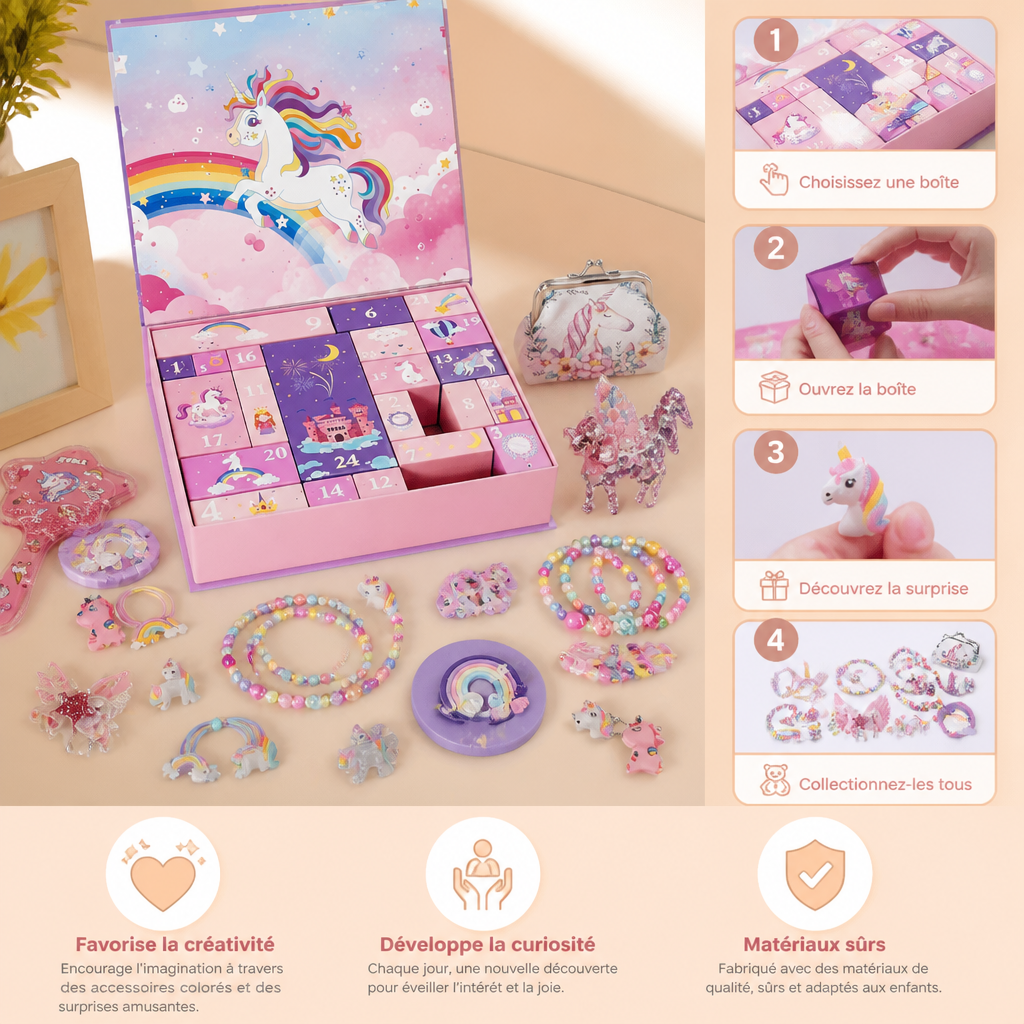 Calendrier de l’Avent Licorne de 24 Jours avec Accessoires pour Cheveux, Autocollants et Cadeaux Surprise