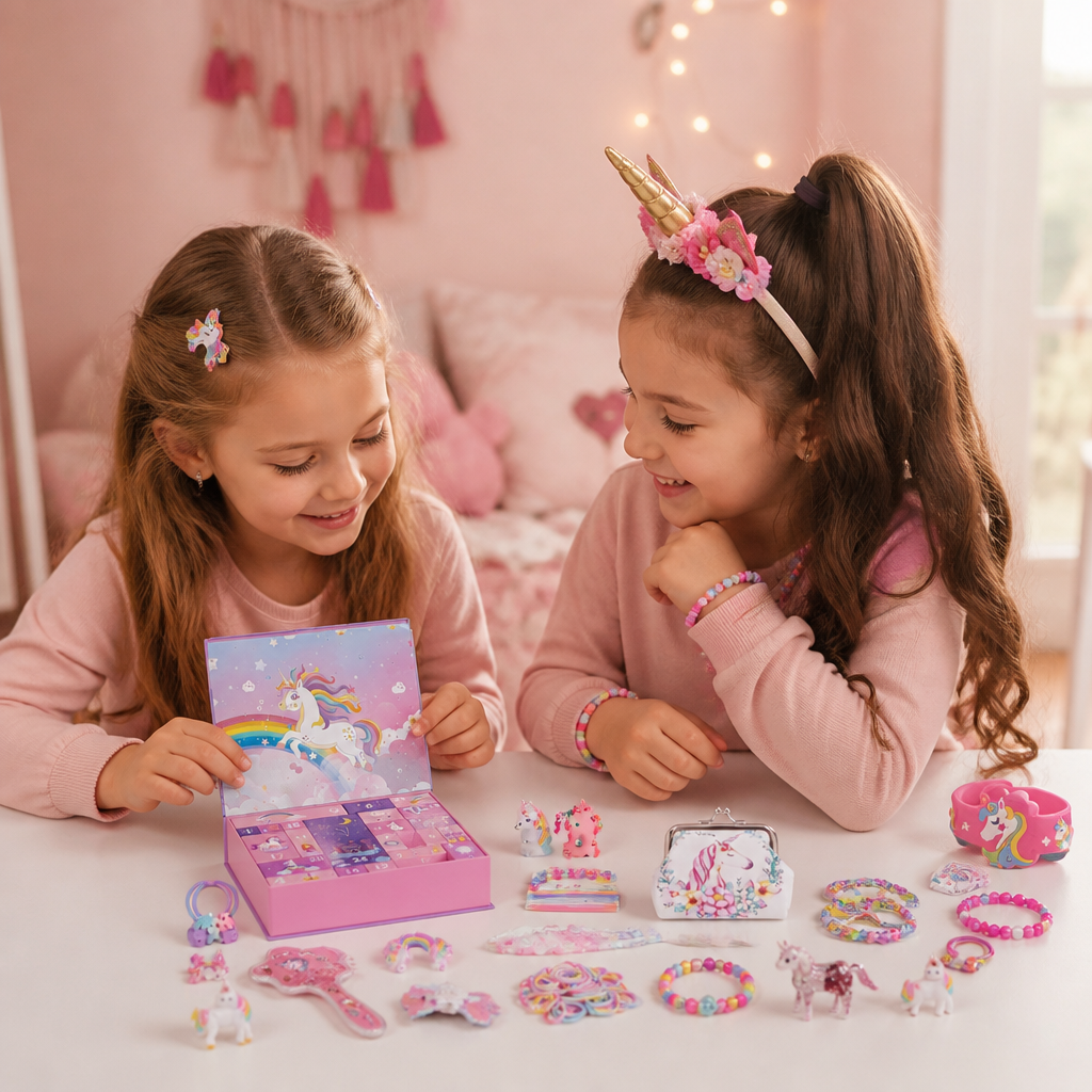 Calendrier de l’Avent Licorne de 24 Jours avec Accessoires pour Cheveux, Autocollants et Cadeaux Surprise