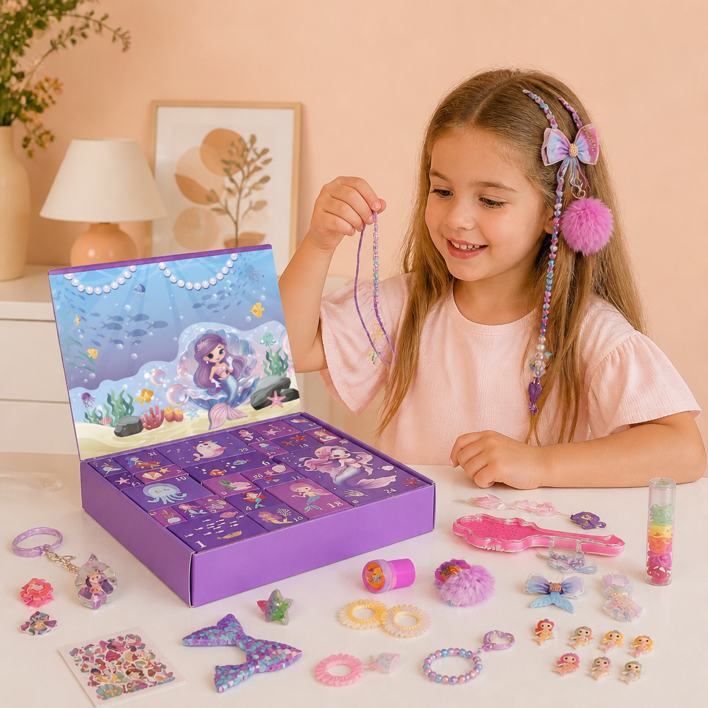 Calendrier de l’Avent de 24 Jours sur le Thème des Sirènes avec Accessoires pour Cheveux, Autocollants et Cadeaux Surprise