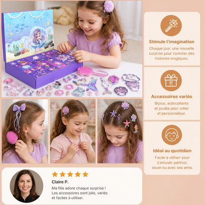 Calendrier de l’Avent de 24 Jours sur le Thème des Sirènes avec Accessoires pour Cheveux, Autocollants et Cadeaux Surprise