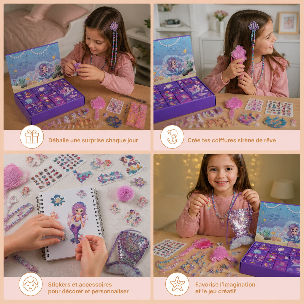 Calendrier de l’Avent de 24 Jours sur le Thème des Sirènes avec Accessoires pour Cheveux, Autocollants et Cadeaux Surprise