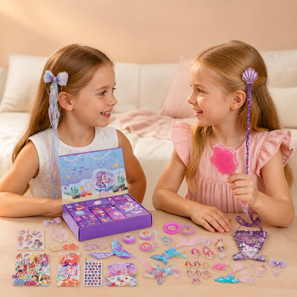 Calendrier de l’Avent de 24 Jours sur le Thème des Sirènes avec Accessoires pour Cheveux, Autocollants et Cadeaux Surprise