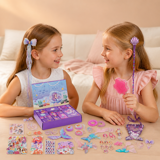 Calendrier de l’Avent de 24 Jours sur le Thème des Sirènes avec Accessoires pour Cheveux, Autocollants et Cadeaux Surprise