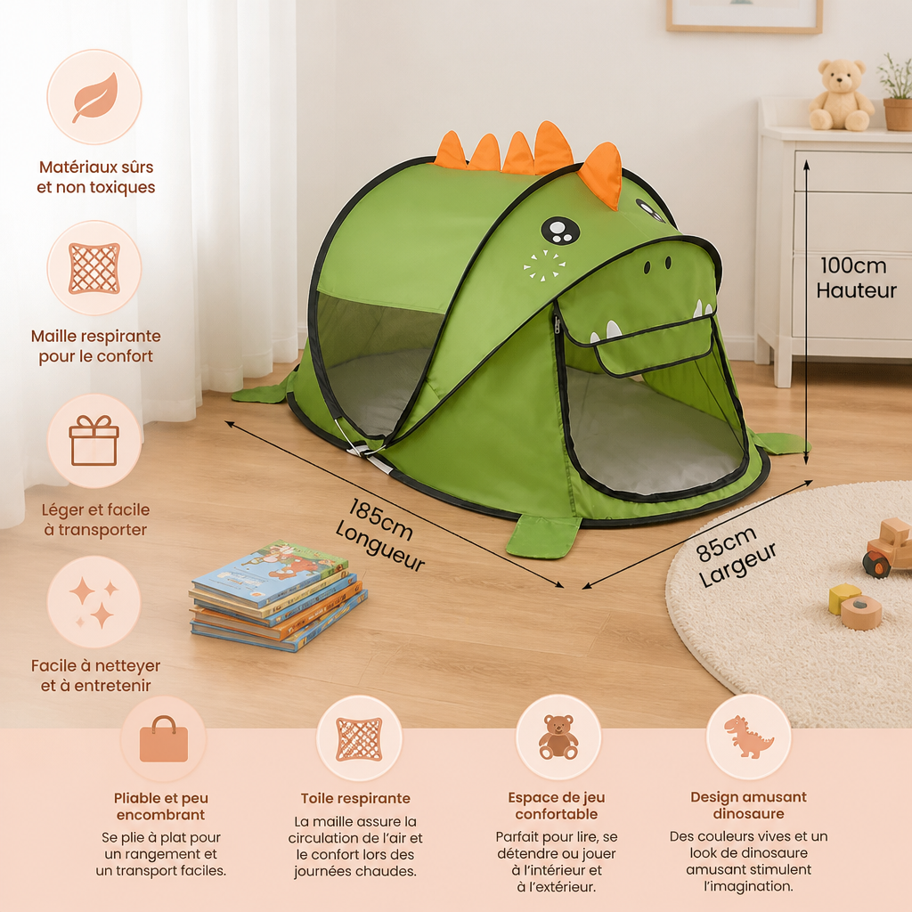 Tente de Jeu Dinosaure Pliable pour Enfants – Parfaite pour les Journées Chaudes et les Moments de Jeu Confortables