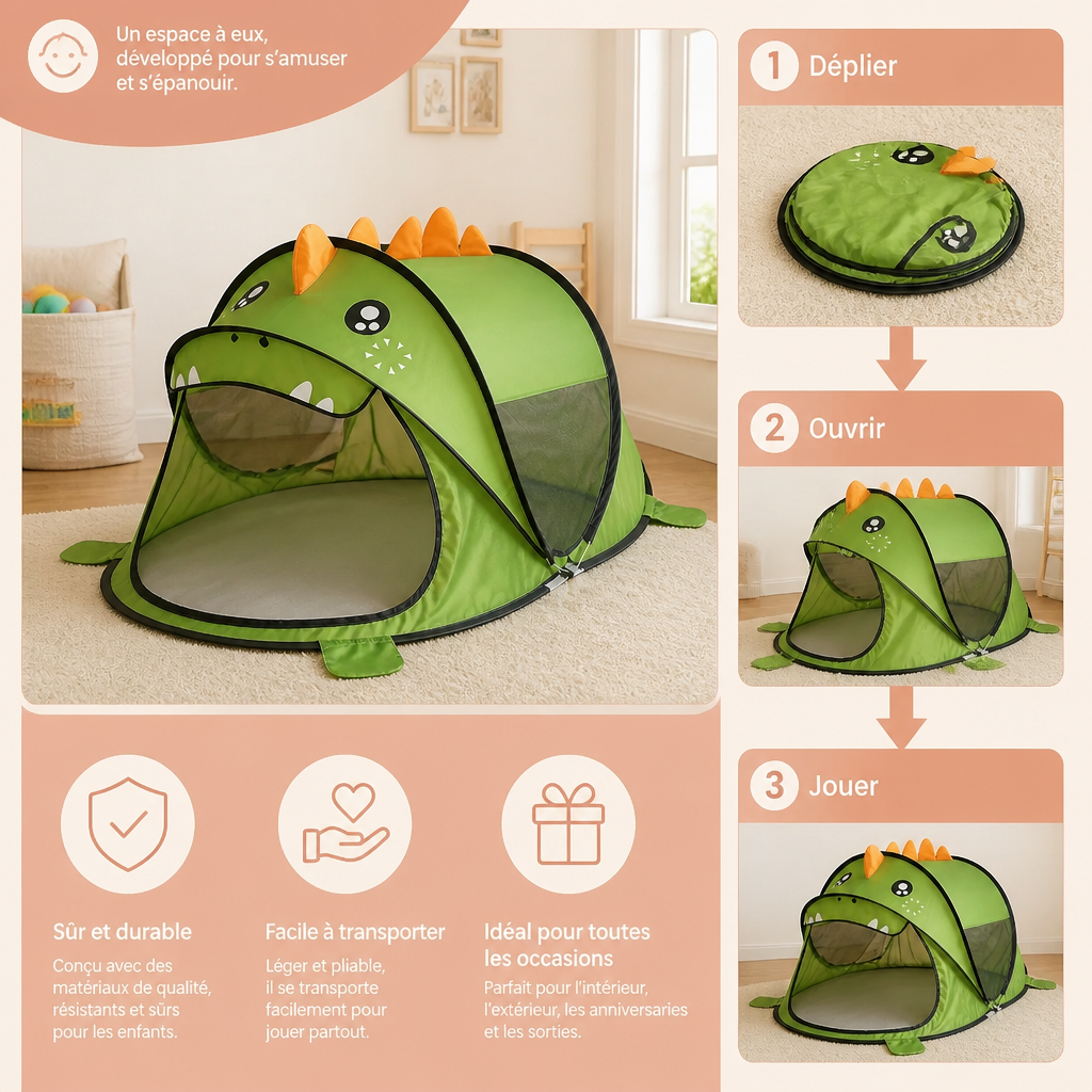 Tente de Jeu Dinosaure Pliable pour Enfants – Parfaite pour les Journées Chaudes et les Moments de Jeu Confortables