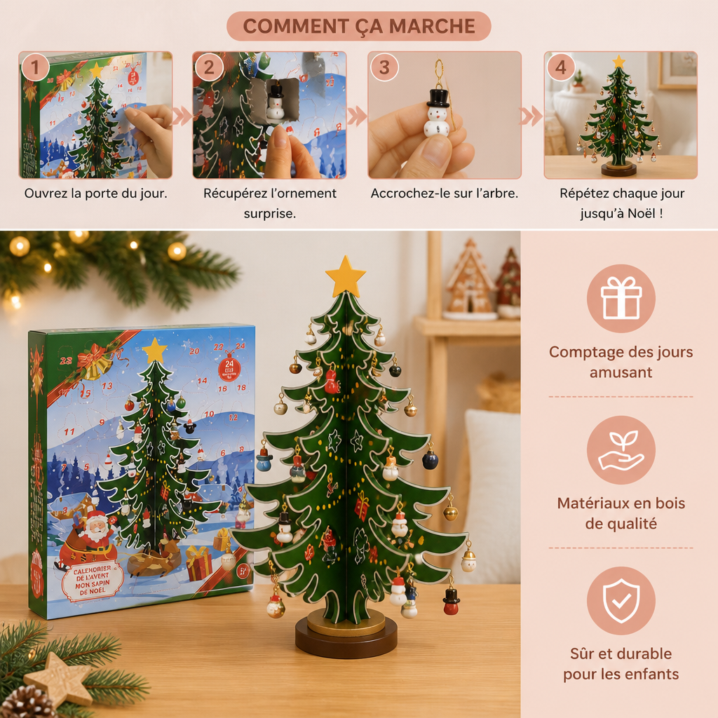 Calendrier de l’Avent de 24 Jours avec Mini-Décorations de Sapin de Noël pour Enfants