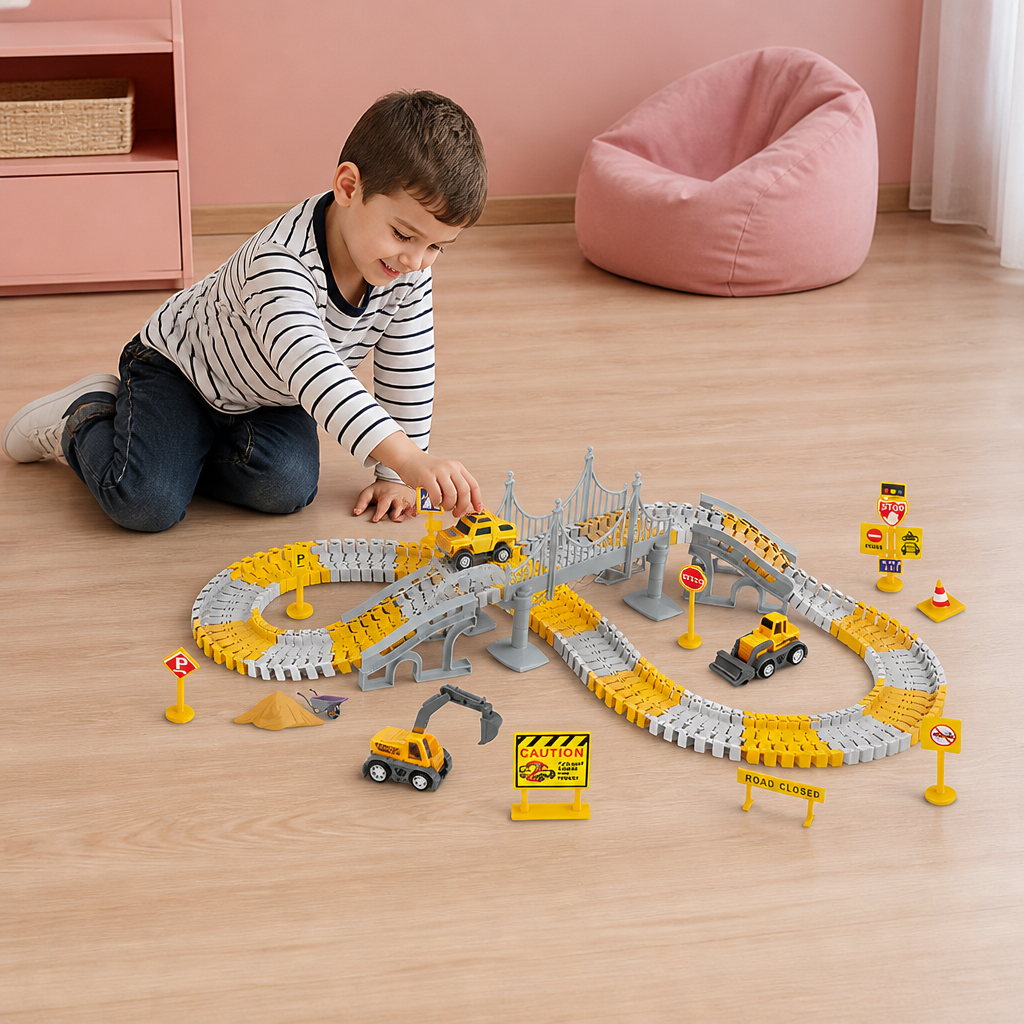 Set de Circuit de Course pour Camions de Chantier avec Pont, Véhicules et Panneaux de Signalisation