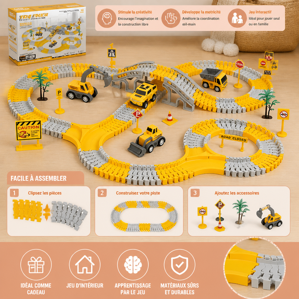 Set de Circuit de Course pour Camions de Chantier avec Pont, Véhicules et Panneaux de Signalisation