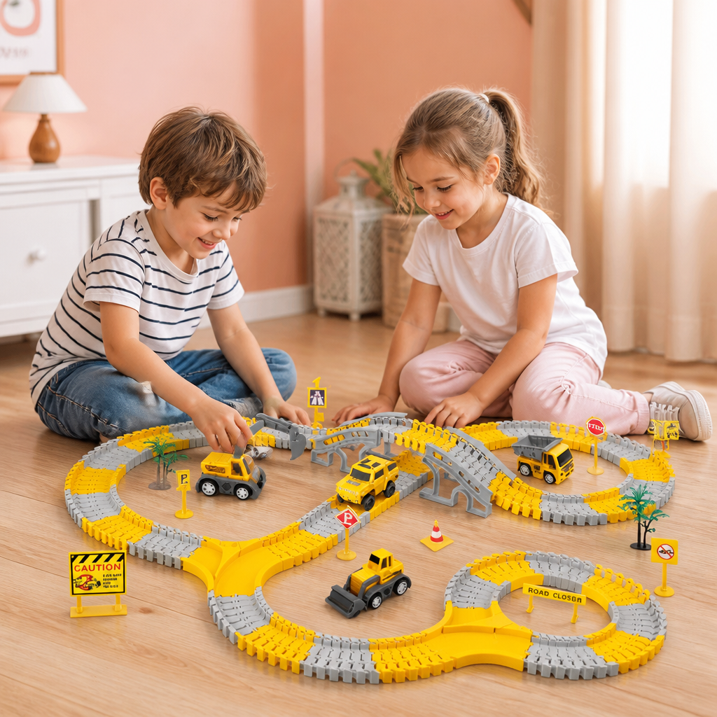 Set de Circuit de Course pour Camions de Chantier avec Pont, Véhicules et Panneaux de Signalisation