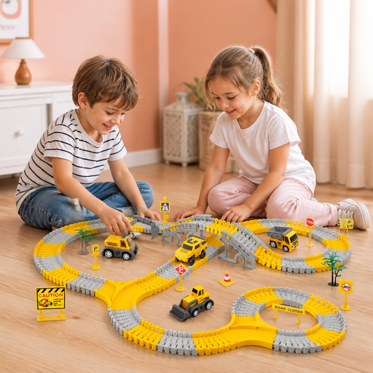 Set de Circuit de Course pour Camions de Chantier avec Pont, Véhicules et Panneaux de Signalisation
