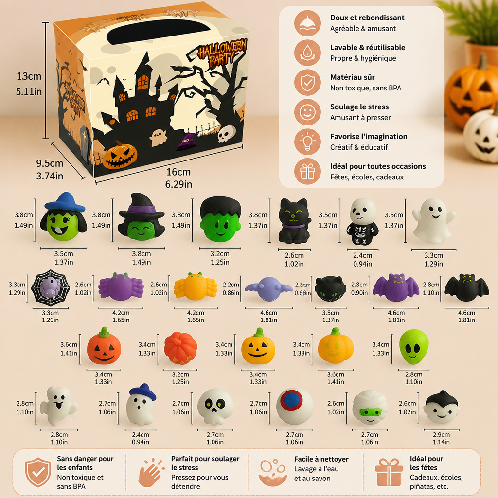 Set de Jouets Squishy d’Halloween Lavables et Réutilisables pour Cadeaux de Fête et la Tournée des Bonbons