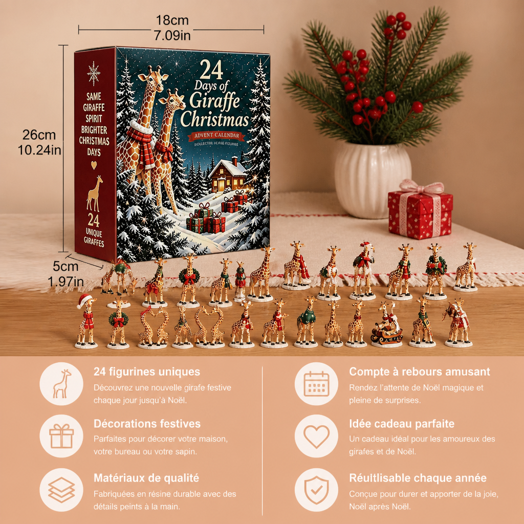 Calendrier de l’Avent de 24 jours avec figurines de girafes de Noël