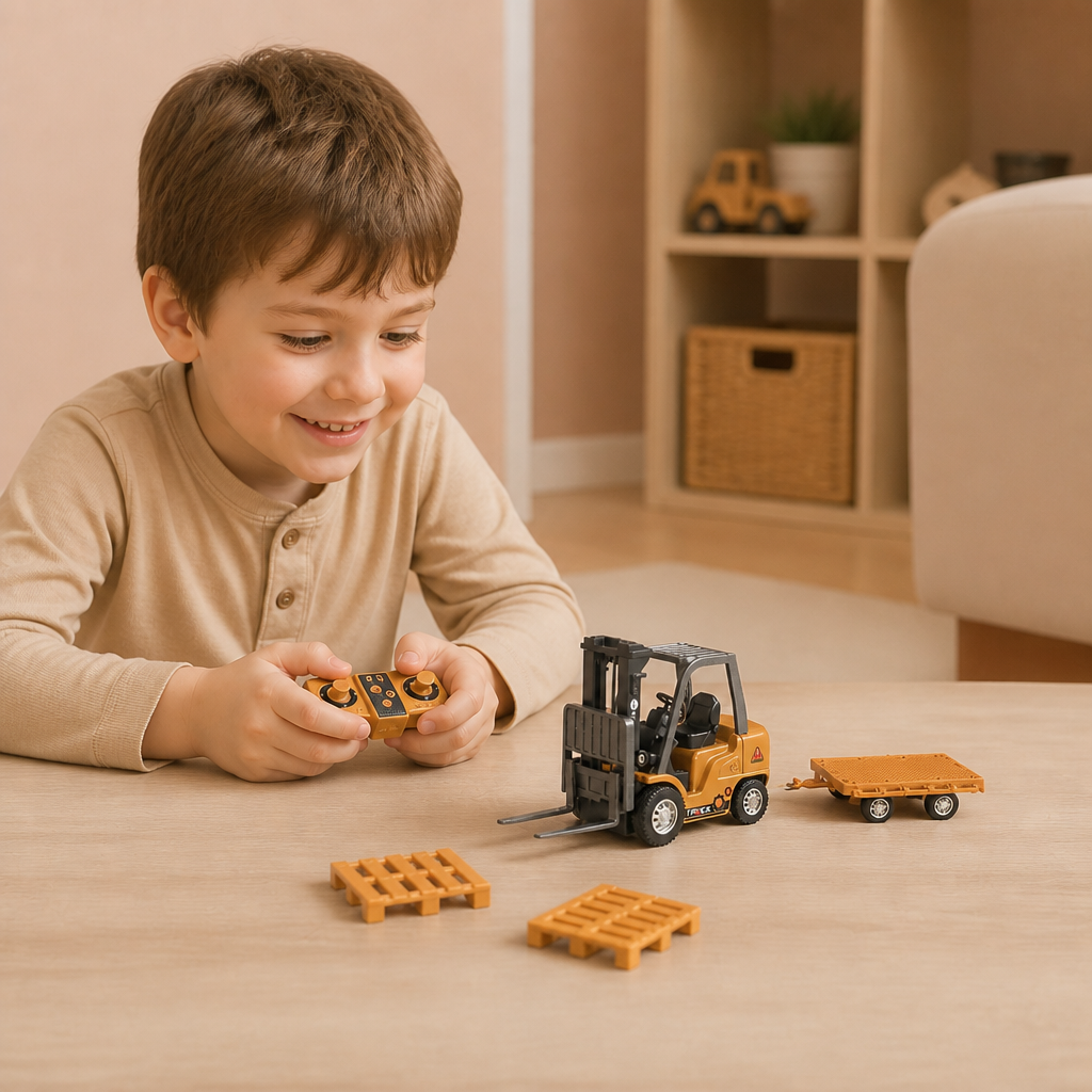 Véhicules de Construction Radiocommandés à l'Échelle 1:64 – Chariot Élévateur, Excavatrice, Camion-Benne et Bulldozer