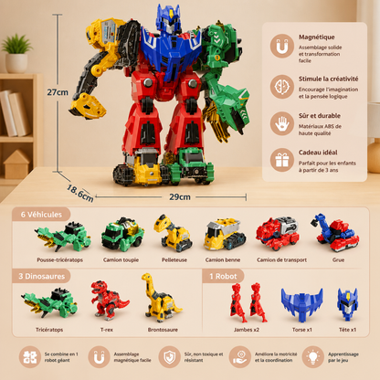 Jouet magnétique transformable 6-en-1 – Construisez 6 véhicules, 3 dinosaures et 1 robot