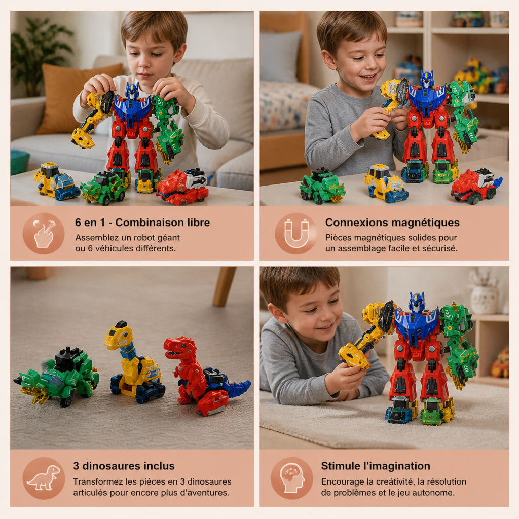 Jouet magnétique transformable 6-en-1 – Construisez 6 véhicules, 3 dinosaures et 1 robot