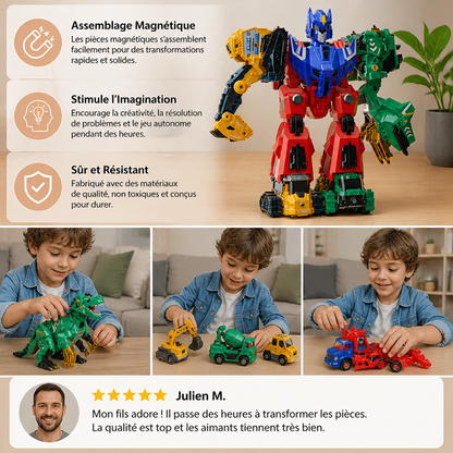 Jouet magnétique transformable 6-en-1 – Construisez 6 véhicules, 3 dinosaures et 1 robot